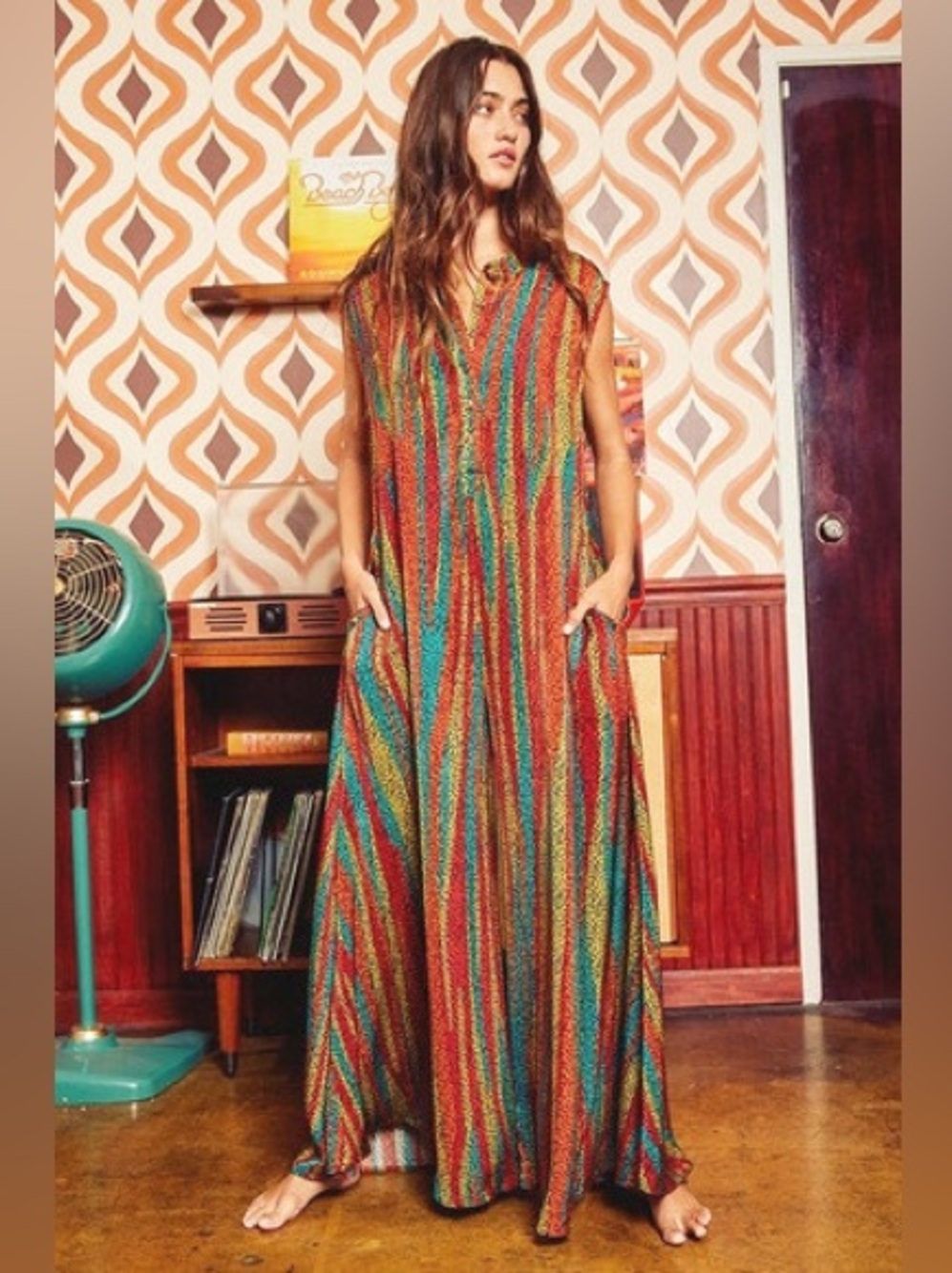 Bucket List Over the rainbow satin multicolored wide leg jumpsuit small